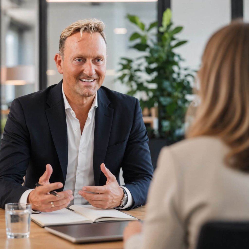 Coach im Gespräch mit einer Führungskraft während eines Leadership-Coachings.
