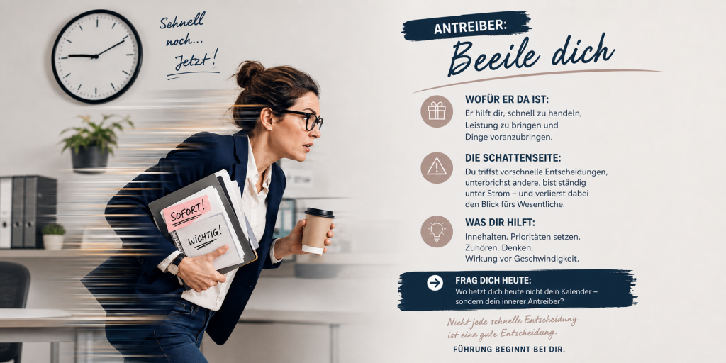 Grafik zum inneren Antreiber „Beeile dich“: Eine Führungskraft steht unter Zeitdruck und wird zu bewusstem Innehalten angeregt.