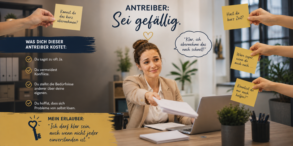 Führungskraft unter dem Antreiber „Sei gefällig“: Sie übernimmt zu viele Aufgaben, vermeidet Konflikte und lernt, klarer zu führen.