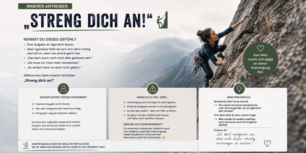 Grafik zum inneren Antreiber „Streng dich an!“: Eine Frau klettert an einer Felswand und reflektiert Anstrengung, Wirkung und Erfolg.